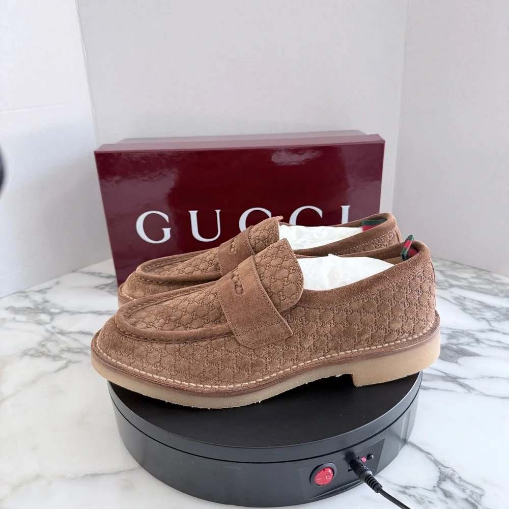 GUCCI  GG Moreau Moccasin Brown Suede Loafer Shoe Penny Strap, G 8+